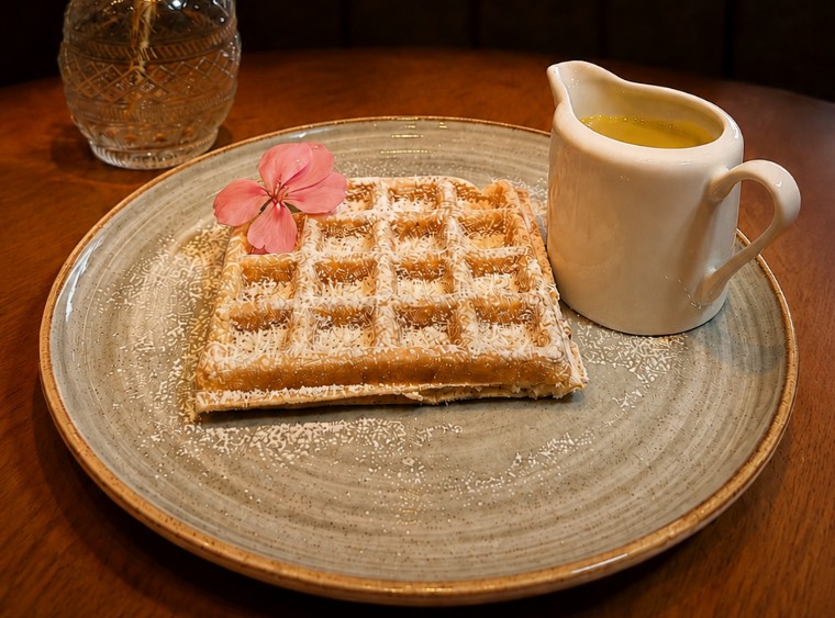 Waffle crocante polvilhado com açúcar e mel no Bistrô Mini Mundo Gramado. Mais uma novidade do Cardápio Temático da Copa